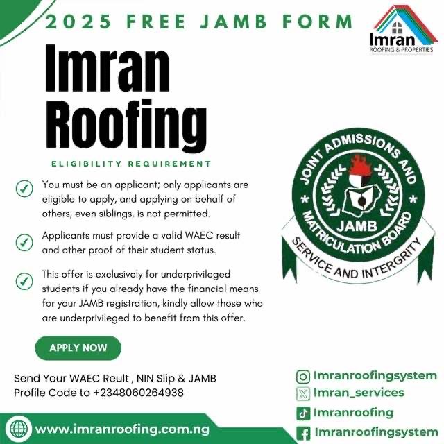 Imran Roofing & Properties Announces BATCH C & D Shortlisted Candidates for 2025 Free JAMB Forms